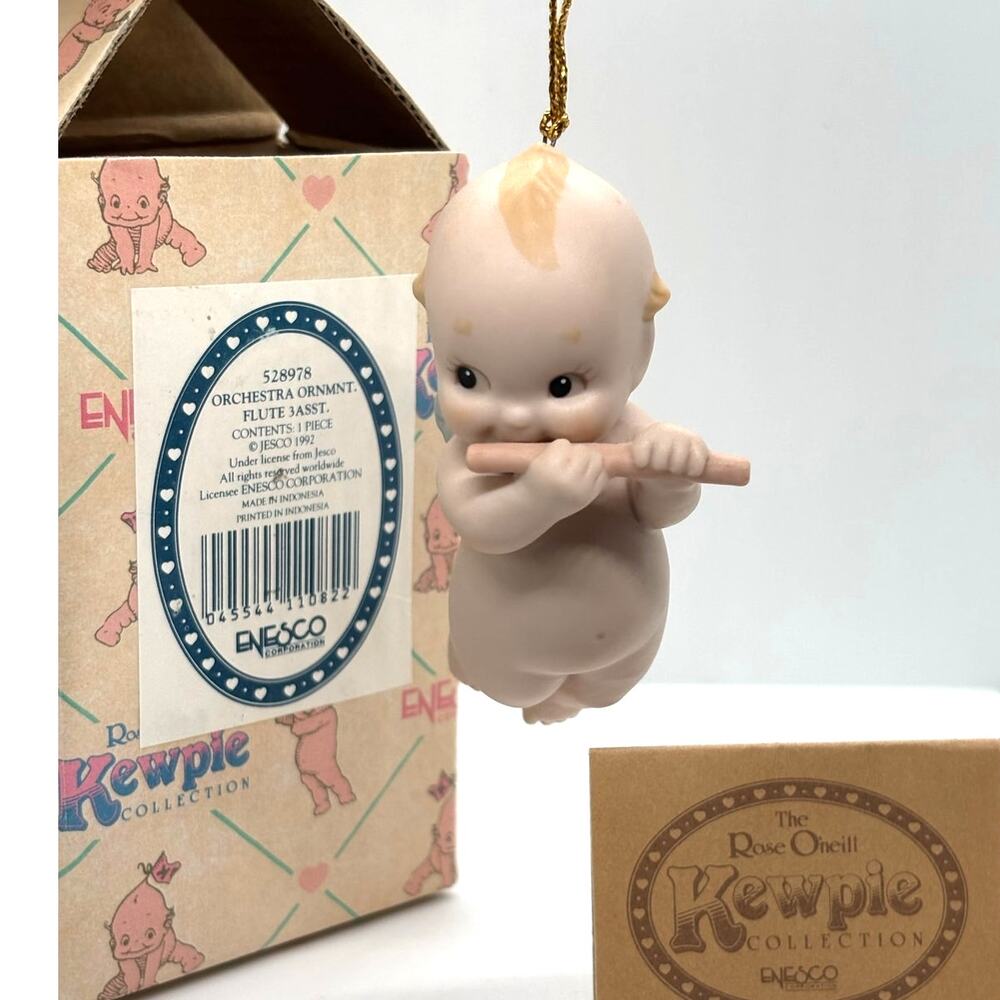 VTG 1992 Enesco, Rose O'Neill Porcelain Kewpie Doll Ornament with Flute, w/Box